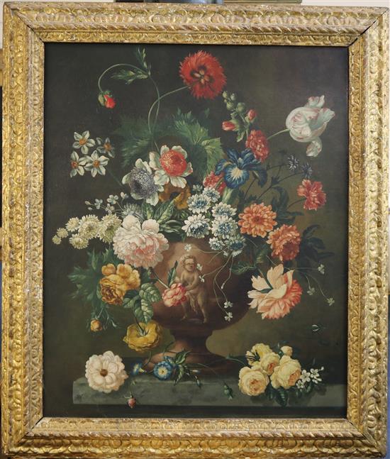 Follower of Peter Casteels Still life of flowers in an urn upon a ledge 32 x 25.5in.